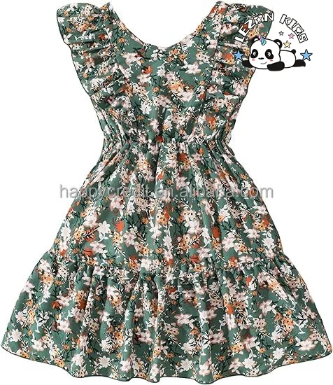 LEZONKIDS - 2024 Hot Sale Ruffle Trim Sleeveless Round Neck Floral Print A Line Short Dress for girls